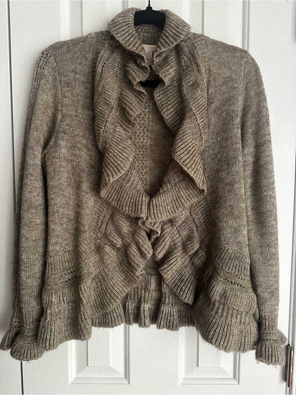 Chico’s Taupe Ruffle-Front Women's Sweater Cardigan